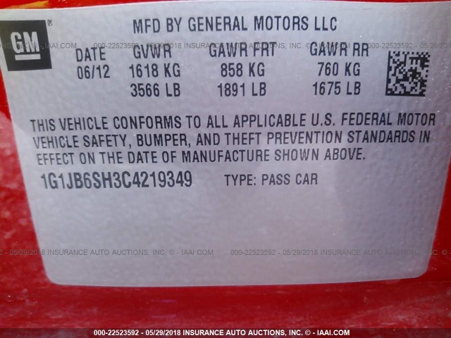 1G1JB6SH3C4219349 - 2012 CHEVROLET SONIC LS 红色 照片 9