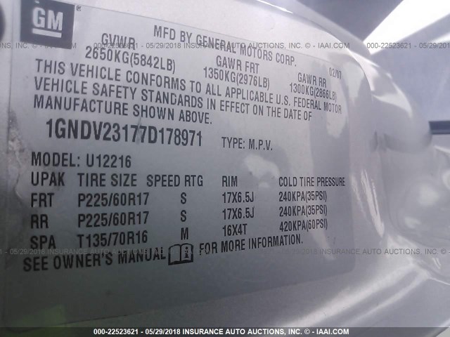 1GNDV23177D178971 - 2007 CHEVROLET UPLANDER LS Gümüş foto 9