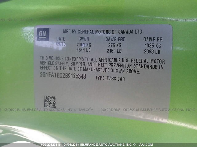 2G1FA1ED2B9125348 - 2011 CHEVROLET CAMARO LS GREEN photo 9