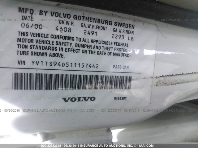 YV1TS94D511157442 - 2001 VOLVO S80 WHITE photo 9