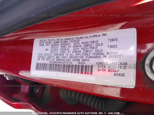 5TEGN92N42Z070715 - 2002 TOYOTA TACOMA DOUBLE CAB PRERUNNER RED photo 9