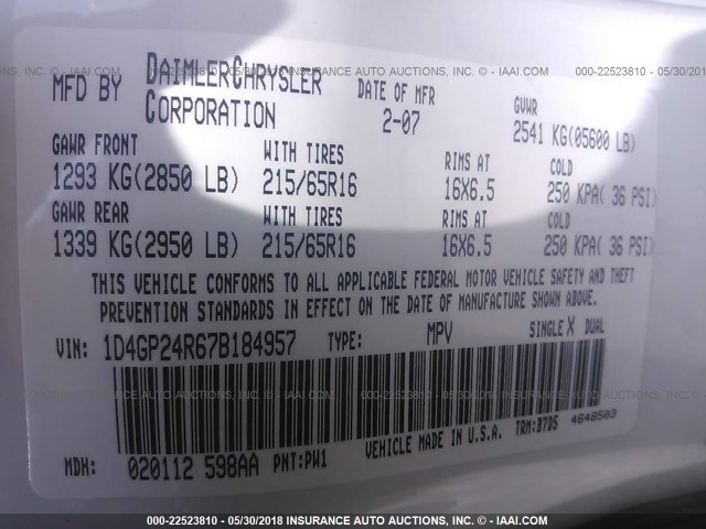 1D4GP24R67B184957 - 2007 DODGE GRAND CARAVAN SE WHITE photo 9