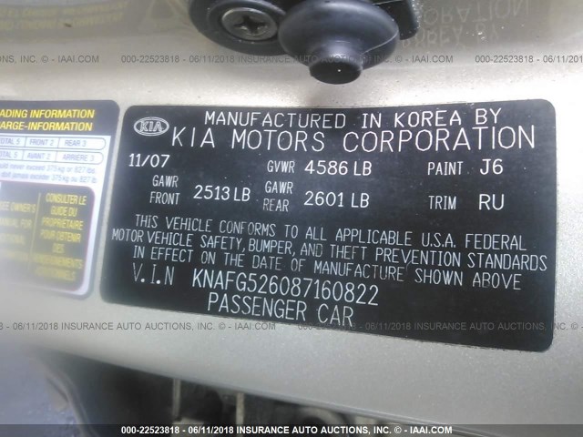 KNAFG526087160822 - 2008 KIA RONDO LX/EX GOLD photo 9