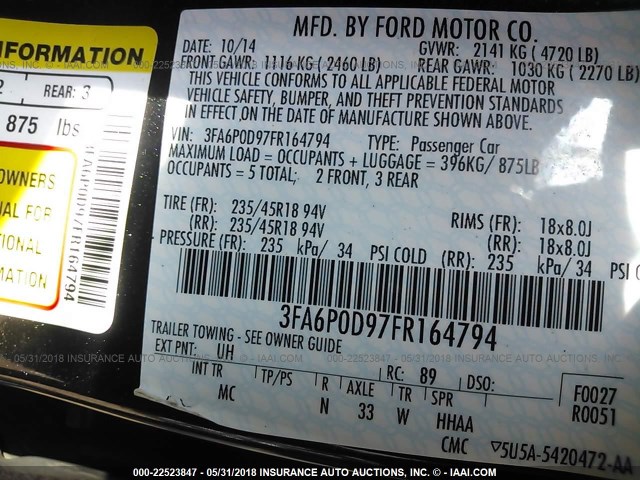 3FA6P0D97FR164794 - 2015 FORD FUSION TITANIUM BLACK photo 9