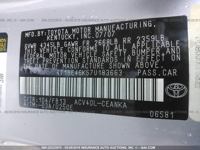 4T1BE46K57U183663 - 2007 TOYOTA CAMRY NEW GENERAT CE/LE/XLE/SE SILVER photo 9