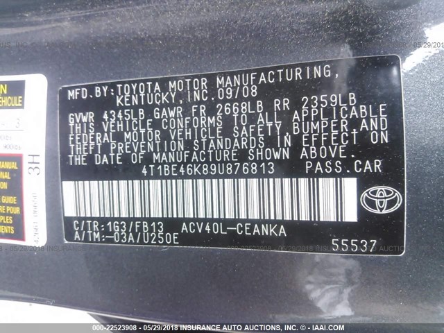 4T1BE46K89U876813 - 2009 TOYOTA CAMRY SE/LE/XLE GRAY photo 9