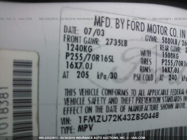 1FMZU72K43ZB50448 - 2003 FORD EXPLORER XLS/XLS SPORT WHITE photo 9