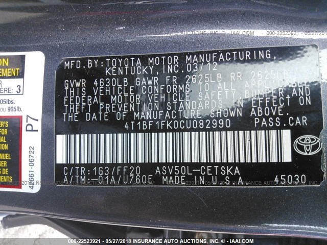 4T1BF1FK0CU082990 - 2012 TOYOTA CAMRY SE/LE/XLE 灰色 照片 9