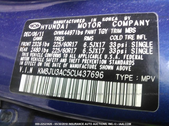 KM8JU3AC5CU437696 - 2012 HYUNDAI TUCSON GLS/LIMITED BLUE photo 9