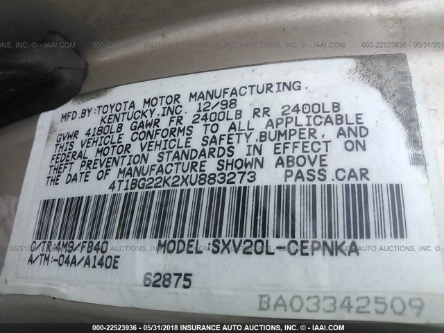 4T1BG22K2XU883273 - 1999 TOYOTA CAMRY CE/LE/XLE 米色 照片 9