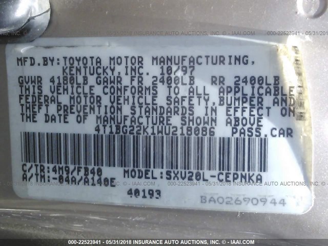 4T1BG22K1WU218086 - 1998 TOYOTA CAMRY CE/LE/XLE GOLD photo 9