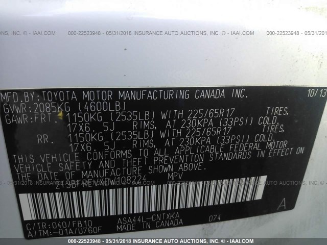 2T3BFREVXDW108224 - 2013 TOYOTA RAV4 LE 白色 照片 9