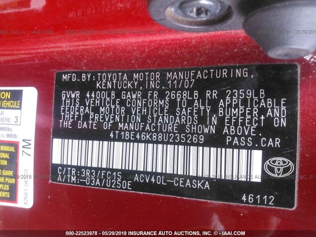 4T1BE46K88U235269 - 2008 TOYOTA CAMRY CE/LE/XLE/SE RED photo 9