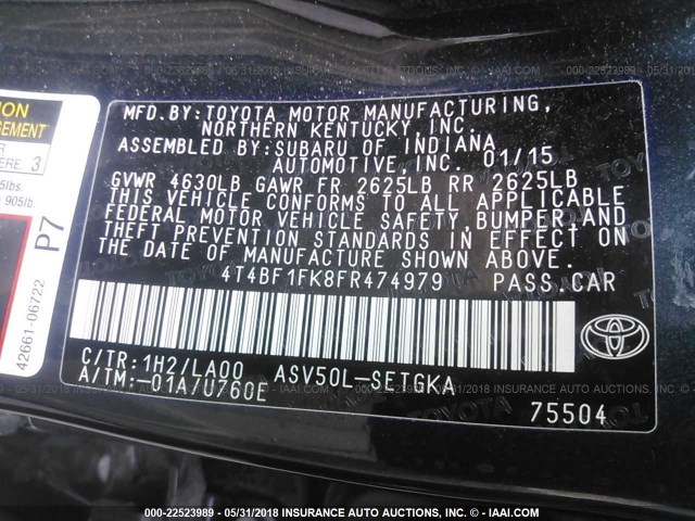 4T4BF1FK8FR474979 - 2015 TOYOTA CAMRY LE/XLE/SE/XSE BLACK photo 9