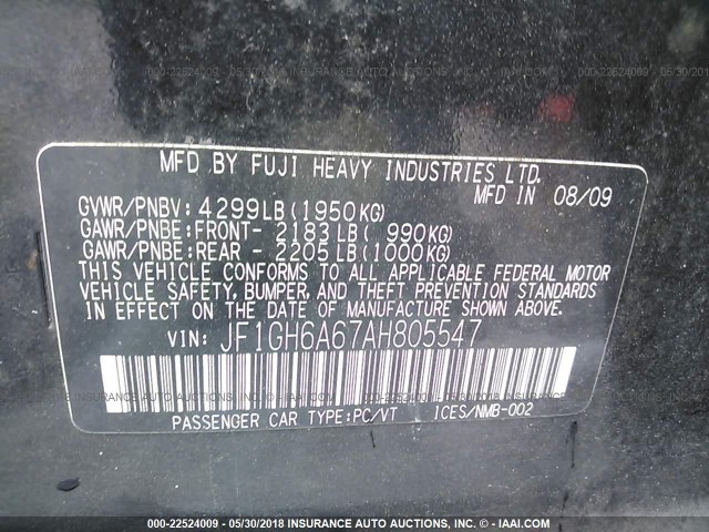 JF1GH6A67AH805547 - 2010 SUBARU IMPREZA 2.5I BLACK photo 9