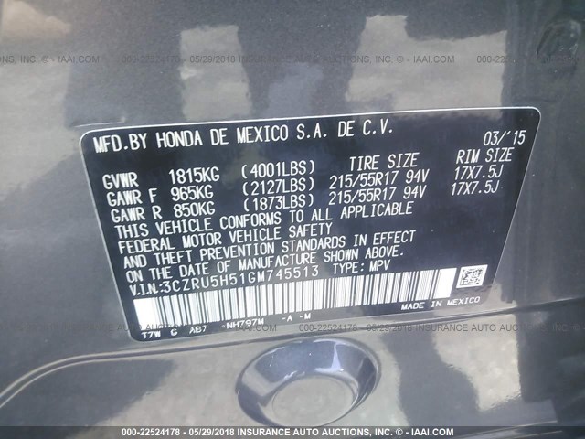 3CZRU5H51GM745513 - 2016 HONDA HR-V EX GRAY photo 9