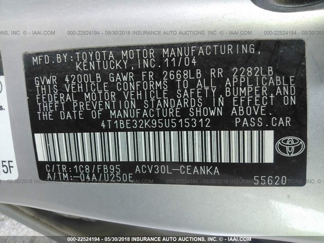 4T1BE32K95U515312 - 2005 TOYOTA CAMRY LE/XLE/SE ვერცხლისფერი ფოტო 9