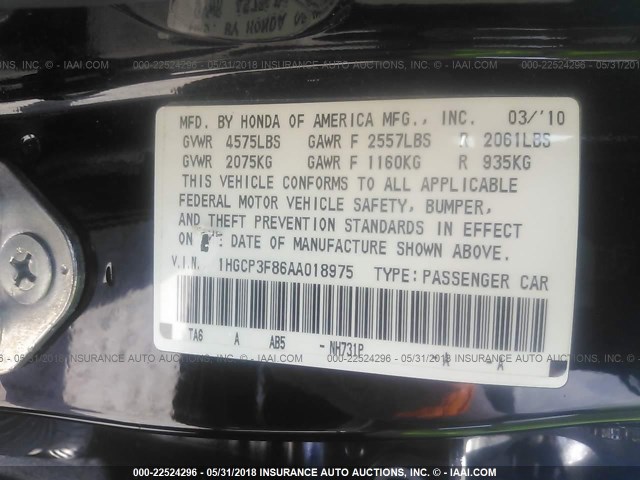 1HGCP3F86AA018975 - 2010 HONDA ACCORD EXL BLACK photo 9