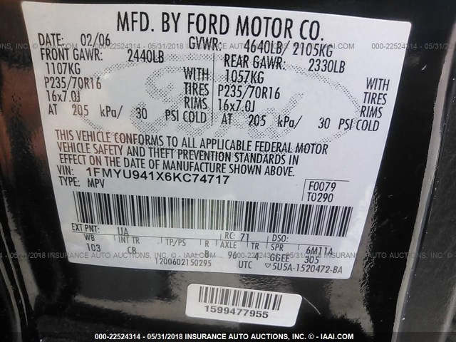 1FMYU941X6KC74717 - 2006 FORD ESCAPE LIMITED BLACK photo 9