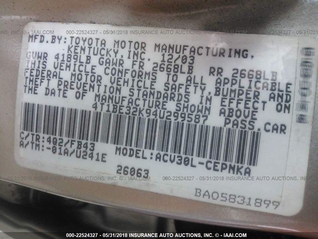 4T1BE32K94U299587 - 2004 TOYOTA CAMRY LE/XLE/SE Qızıl foto 9