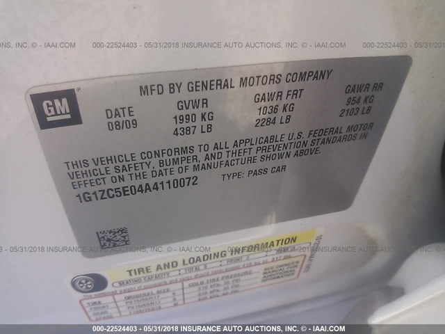 1G1ZC5E04A4110072 - 2010 CHEVROLET MALIBU 1LT 白色 照片 9