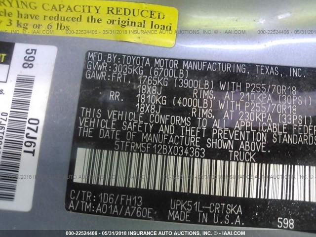 5TFRM5F12BX034363 - 2011 TOYOTA TUNDRA DOUBLE CAB SR5 SILVER photo 9