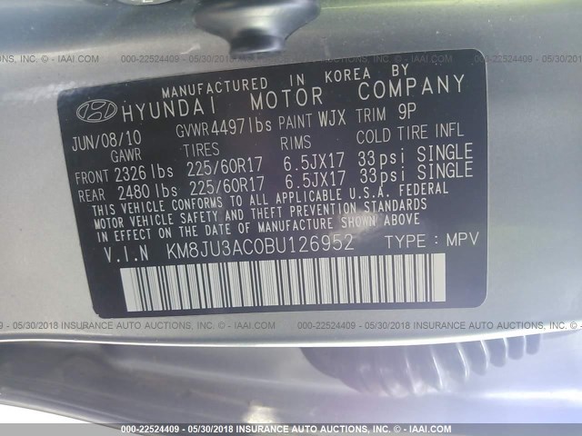 KM8JU3AC0BU126952 - 2011 HYUNDAI TUCSON GLS/LIMITED 银色 照片 9