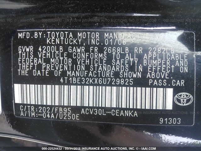 4T1BE32KX6U729825 - 2006 TOYOTA CAMRY LE/XLE/SE 黑色 照片 9