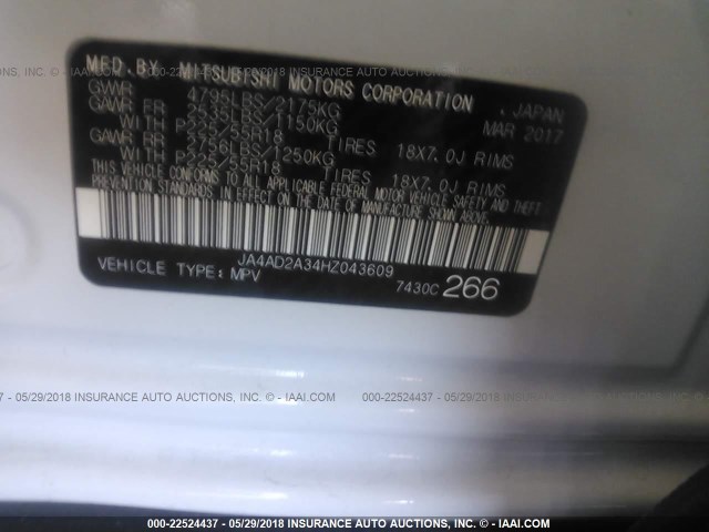 JA4AD2A34HZ043609 - 2017 MITSUBISHI OUTLANDER ES 白色 照片 9