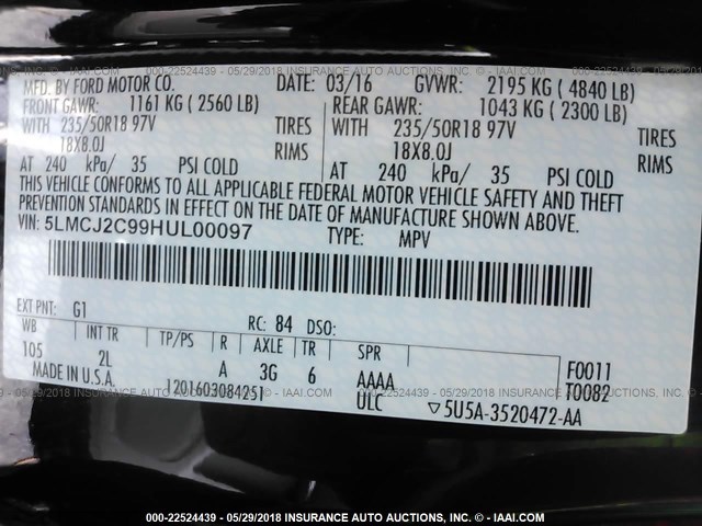 5LMCJ2C99HUL00097 - 2017 LINCOLN MKC SELECT შავი ფოტო 9