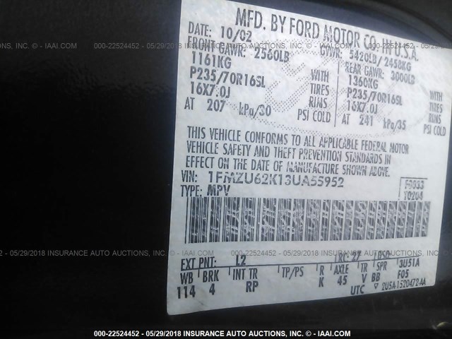 1FMZU62K13UA55952 - 2003 FORD EXPLORER XLS/XLS SPORT BLUE photo 9