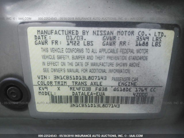 3N1CB51D13L807143 - 2003 NISSAN SENTRA XE/GXE GRAY photo 9