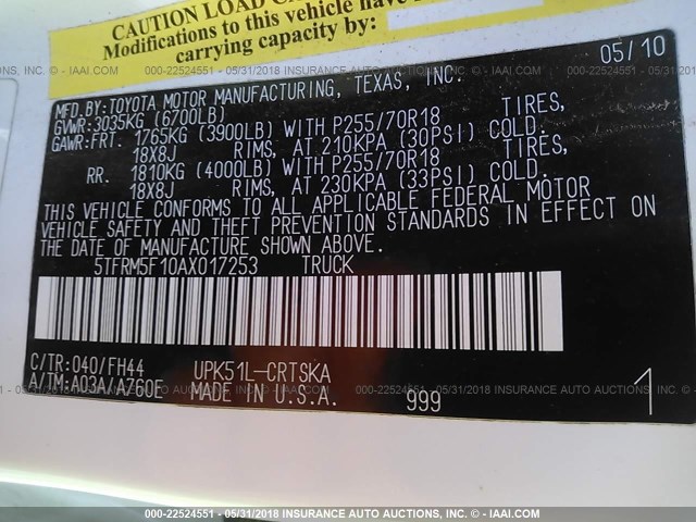 5TFRM5F10AX017253 - 2010 TOYOTA TUNDRA DOUBLE CAB SR5 WHITE photo 9