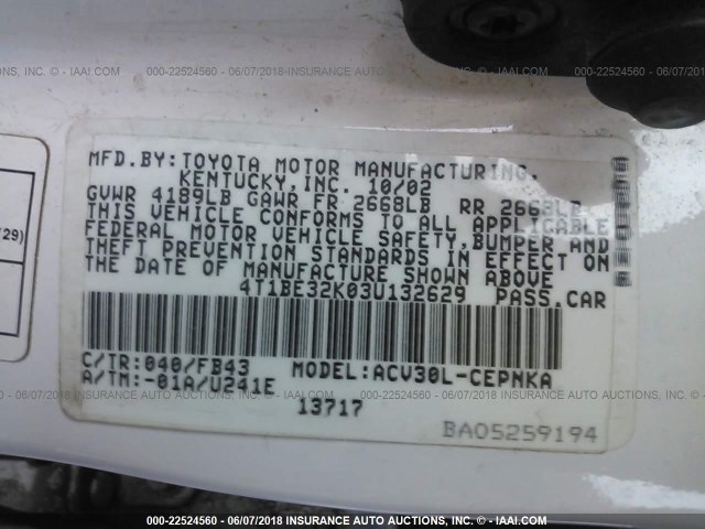 4T1BE32K03U132629 - 2003 TOYOTA CAMRY LE/XLE/SE თეთრი ფოტო 9