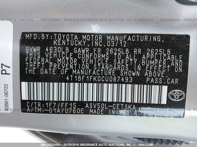 4T1BF1FK0CU087493 - 2012 TOYOTA CAMRY SE/LE/XLE ვერცხლისფერი ფოტო 9