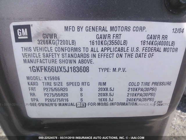 1GKFK66UX5J183608 - 2005 GMC YUKON XL DENALI GRAY photo 9