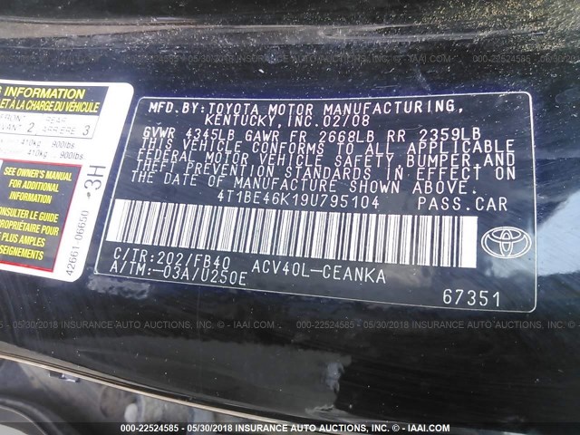 4T1BE46K19U795104 - 2009 TOYOTA CAMRY SE/LE/XLE 黑色 照片 9