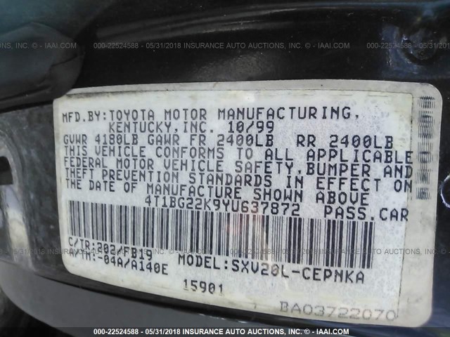 4T1BG22K9YU637872 - 2000 TOYOTA CAMRY CE/LE/XLE 黑色 照片 9