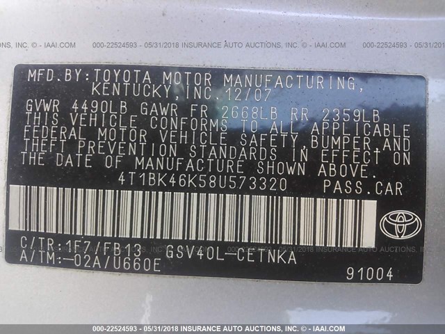 4T1BK46K58U573320 - 2008 TOYOTA CAMRY LE/XLE/SE SILVER photo 9