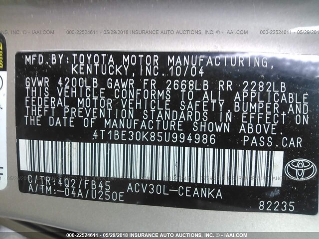 4T1BE30K85U994986 - 2005 TOYOTA CAMRY LE/XLE/SE ოქროსფერი ფოტო 9