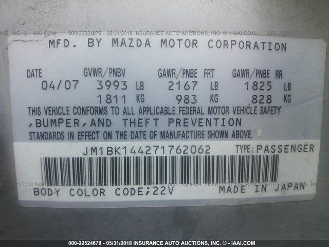 JM1BK144271762062 - 2007 MAZDA 3 HATCHBACK SILVER photo 9