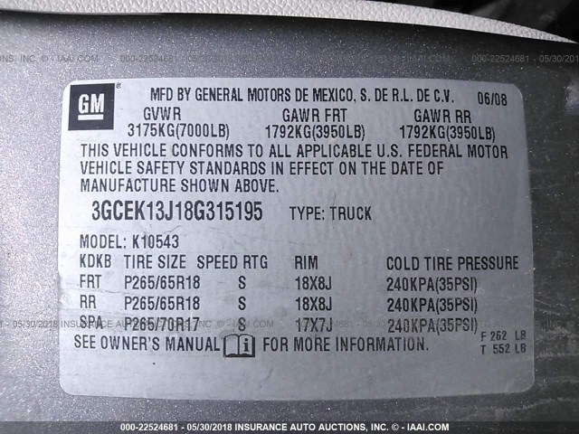 3GCEK13J18G315195 - 2008 CHEVROLET SILVERADO K1500 GRAY photo 9