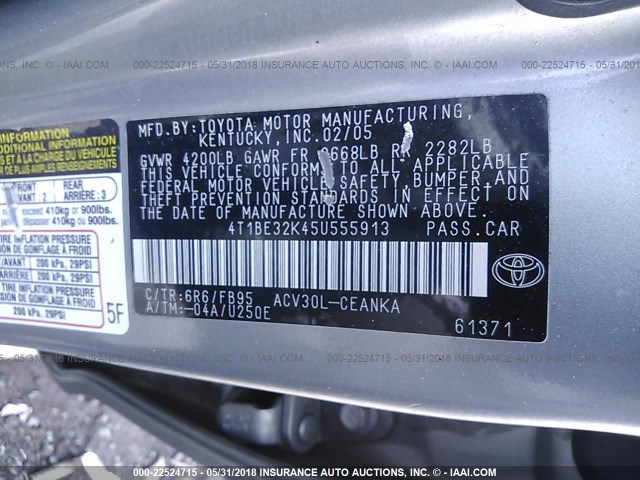 4T1BE32K45U555913 - 2005 TOYOTA CAMRY LE/XLE/SE SILVER photo 9
