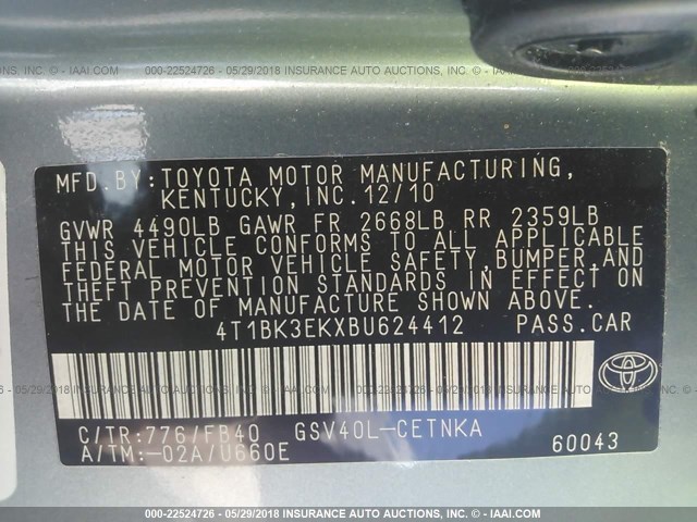 4T1BK3EKXBU624412 - 2011 TOYOTA CAMRY SE/LE/XLE 绿色 照片 9