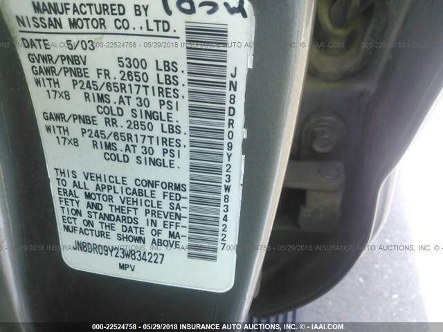 JN8DR09Y23W834227 - 2003 NISSAN PATHFINDER LE/SE TAN photo 9