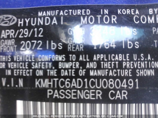 KMHTC6AD1CU080491 - 2012 HYUNDAI VELOSTER BLUE photo 9