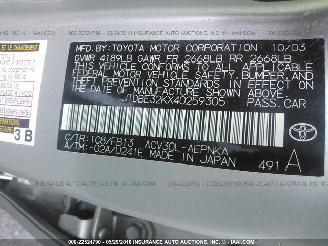 JTDBE32KX40259305 - 2004 TOYOTA CAMRY LE/XLE SILVER photo 9