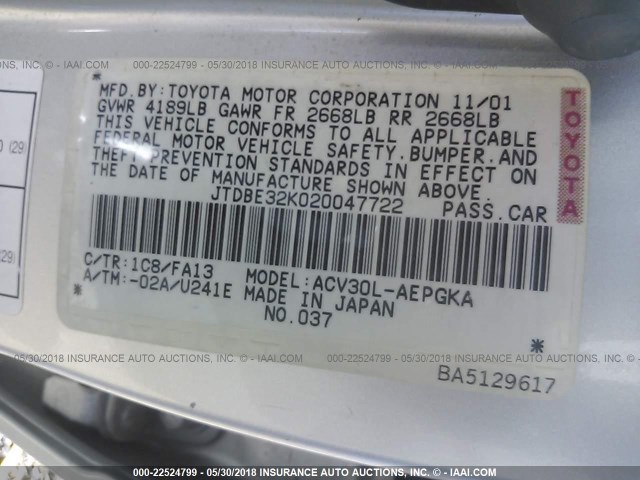 JTDBE32K020047722 - 2002 TOYOTA CAMRY LE/XLE/SE ვერცხლისფერი ფოტო 9