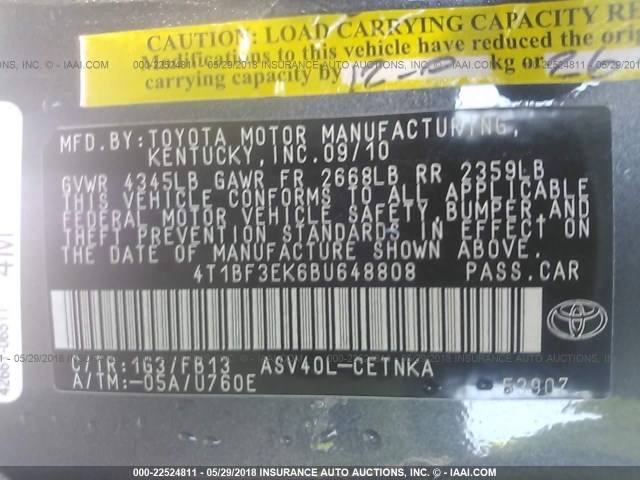 4T1BF3EK6BU648808 - 2011 TOYOTA CAMRY SE/LE/XLE 灰色 照片 9