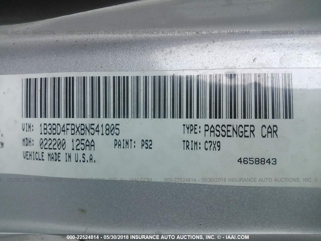 1B3BD4FBXBN541805 - 2011 DODGE AVENGER EXPRESS 银色 照片 9